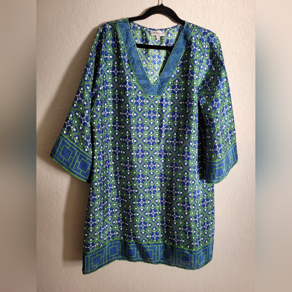 Creme fraiche kaftan geometric vneck dress | size L
